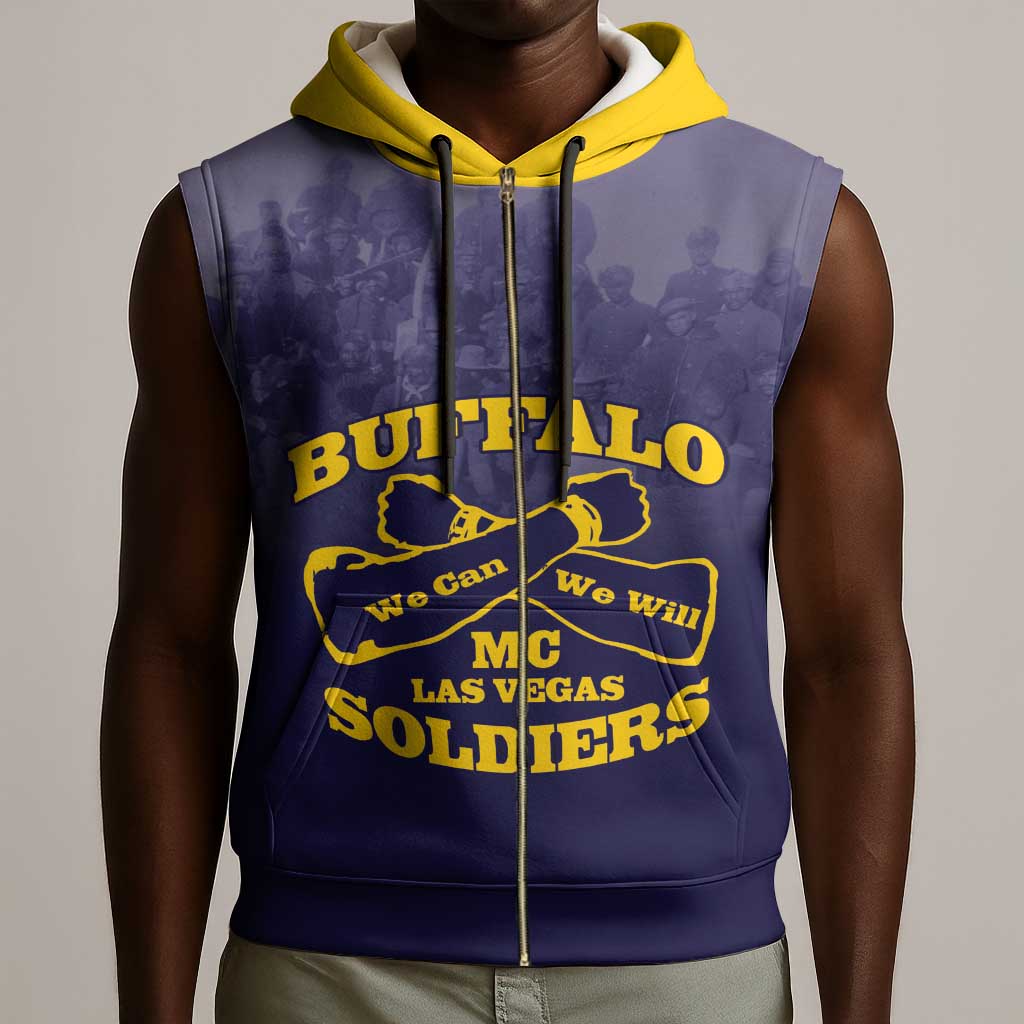 Personalized Buffalo Soldier Sleeveless Zip Hoodie African American Heroes - Navy Blue - African Pride