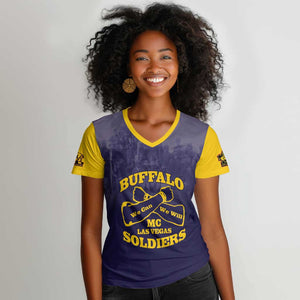 Personalized Buffalo Soldier Women V-Neck T-Shirt African American Heroes - Navy Blue - African Pride
