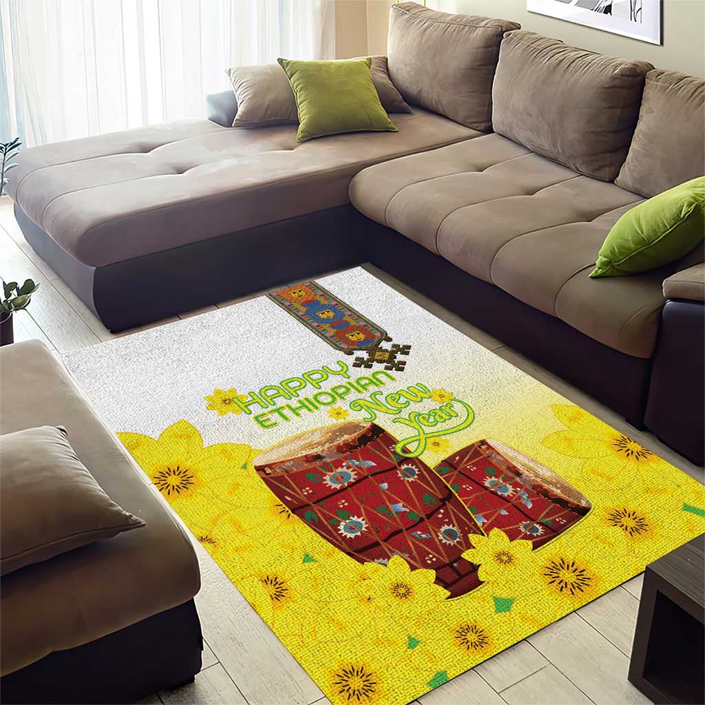 Melkam Enkutatash Ethiopian Area Rug Kebero Drum With Adey Abeba Flower - African Pride