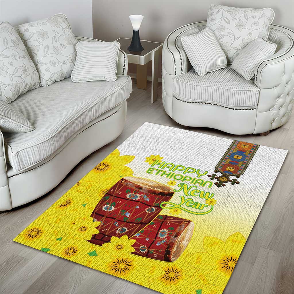 Melkam Enkutatash Ethiopian Area Rug Kebero Drum With Adey Abeba Flower - African Pride