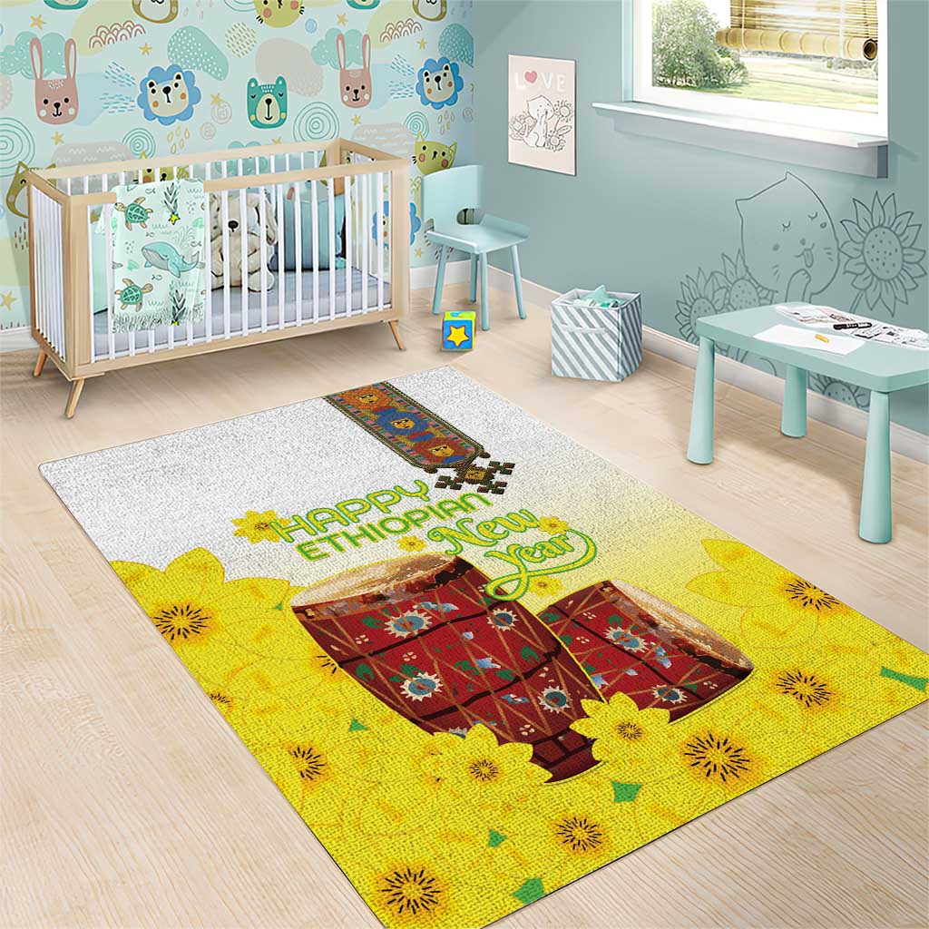 Melkam Enkutatash Ethiopian Area Rug Kebero Drum With Adey Abeba Flower - African Pride