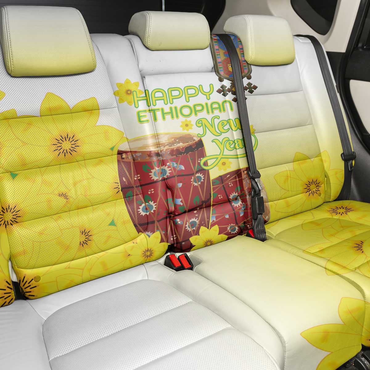 Melkam Enkutatash Ethiopian Back Car Seat Cover Kebero Drum With Adey Abeba Flower - African Pride