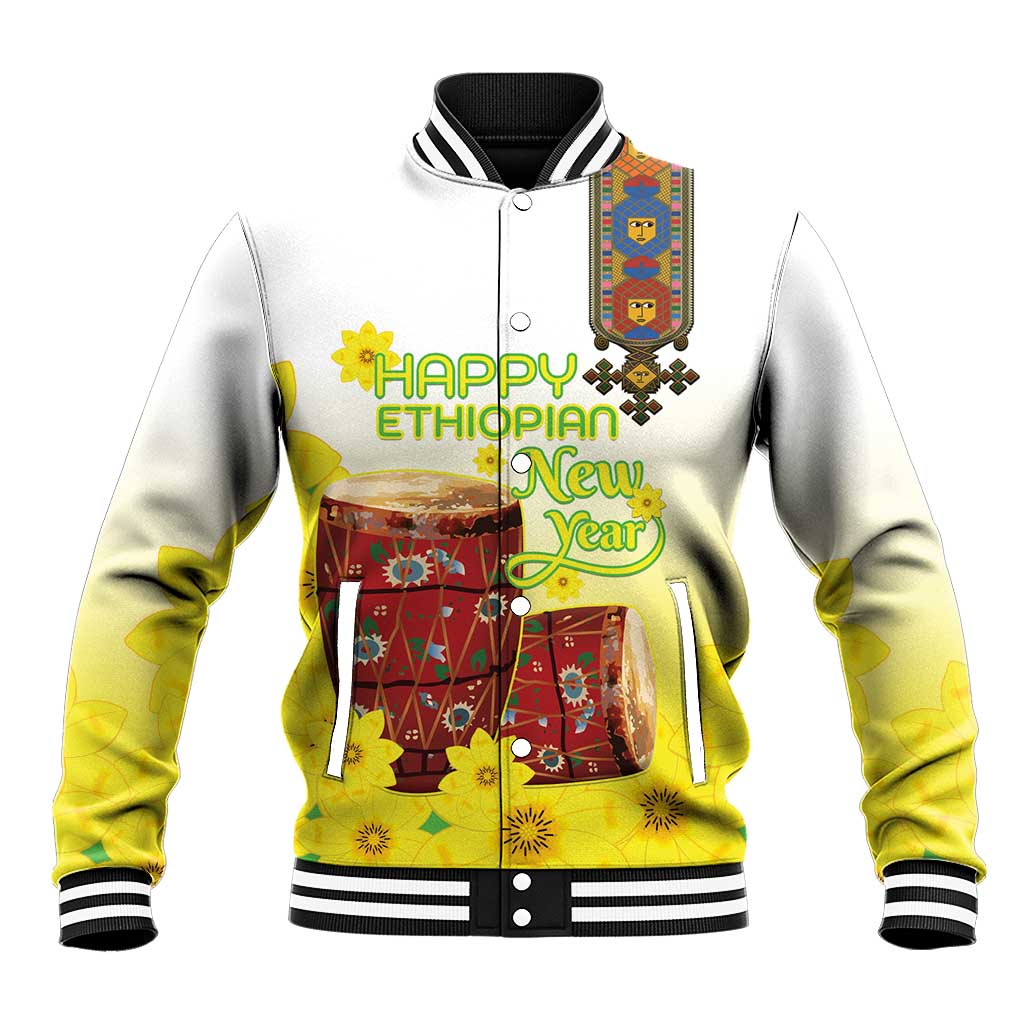 Melkam Enkutatash Ethiopian Baseball Jacket Kebero Drum With Adey Abeba Flower - African Pride