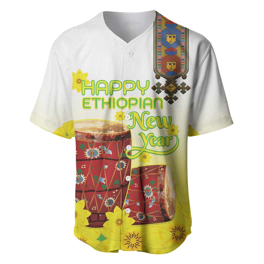 Melkam Enkutatash Ethiopian Baseball Jersey Kebero Drum With Adey Abeba Flower - African Pride