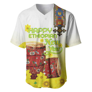 Melkam Enkutatash Ethiopian Baseball Jersey Kebero Drum With Adey Abeba Flower - African Pride