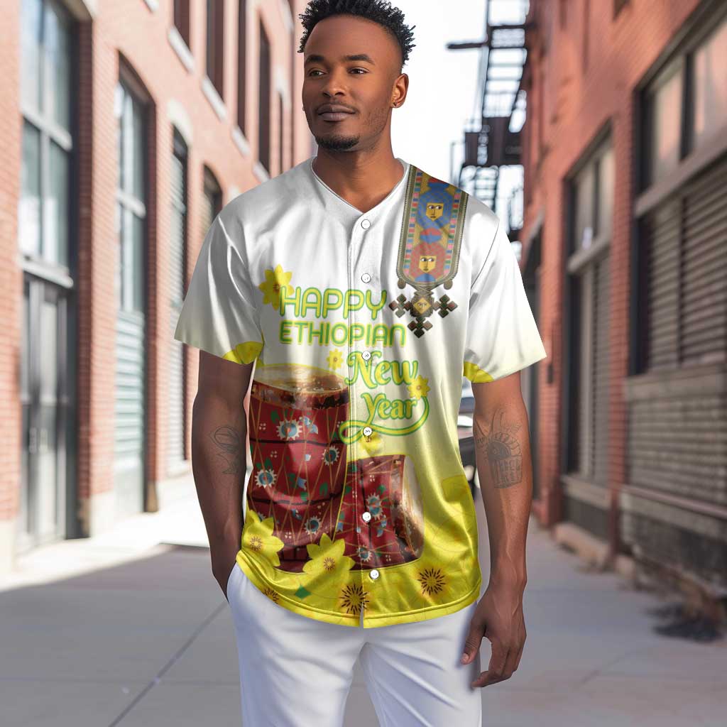 Melkam Enkutatash Ethiopian Baseball Jersey Kebero Drum With Adey Abeba Flower - African Pride