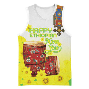 Melkam Enkutatash Ethiopian Basketball Jersey Kebero Drum With Adey Abeba Flower - African Pride