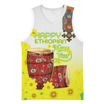 Melkam Enkutatash Ethiopian Basketball Jersey Kebero Drum With Adey Abeba Flower - African Pride