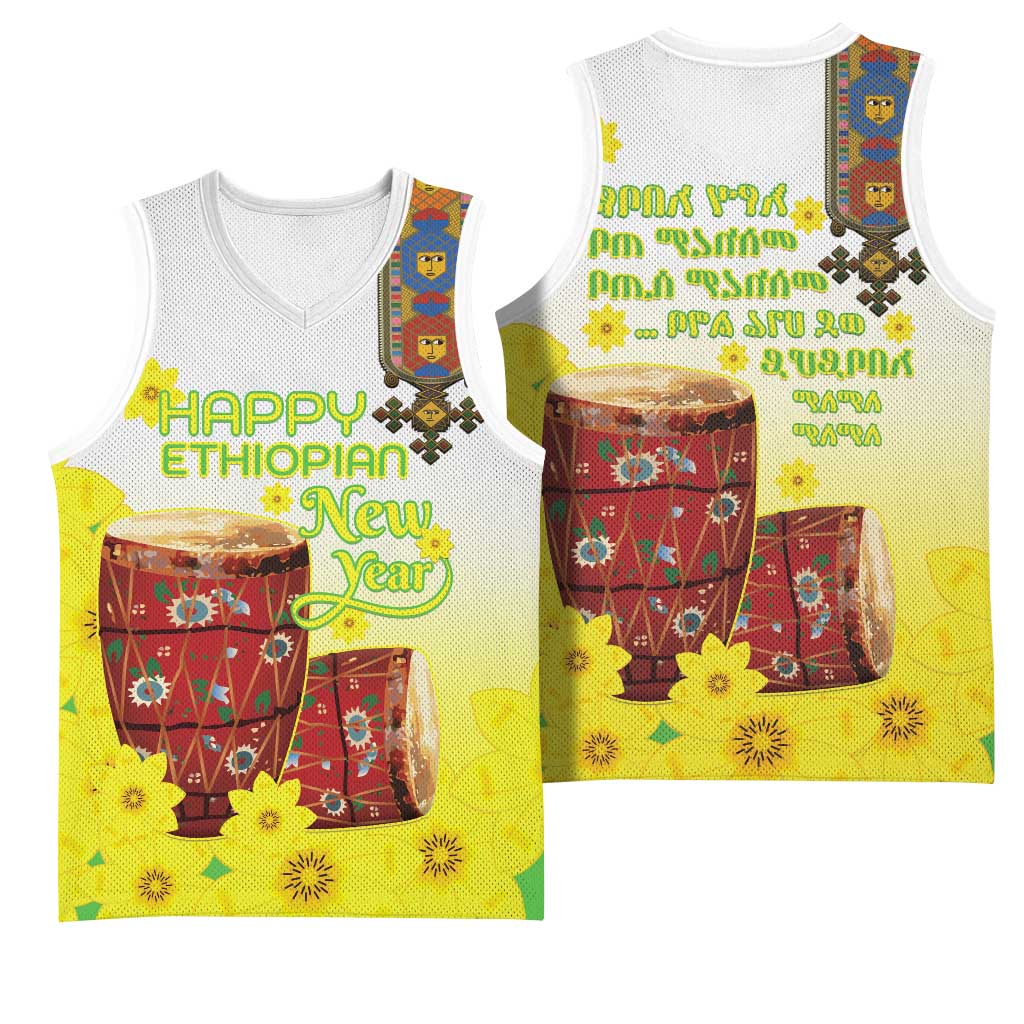 Melkam Enkutatash Ethiopian Basketball Jersey Kebero Drum With Adey Abeba Flower - African Pride