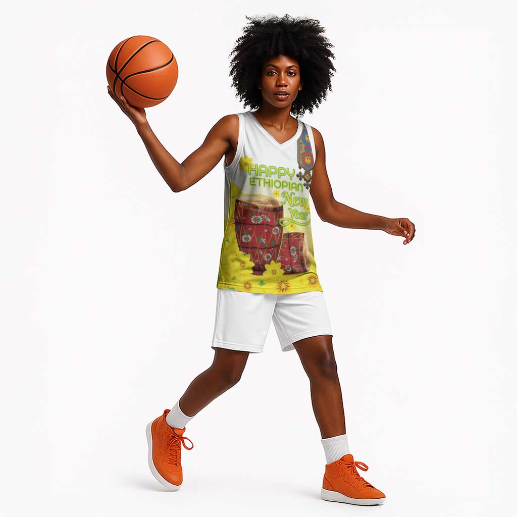 Melkam Enkutatash Ethiopian Basketball Jersey Kebero Drum With Adey Abeba Flower - African Pride