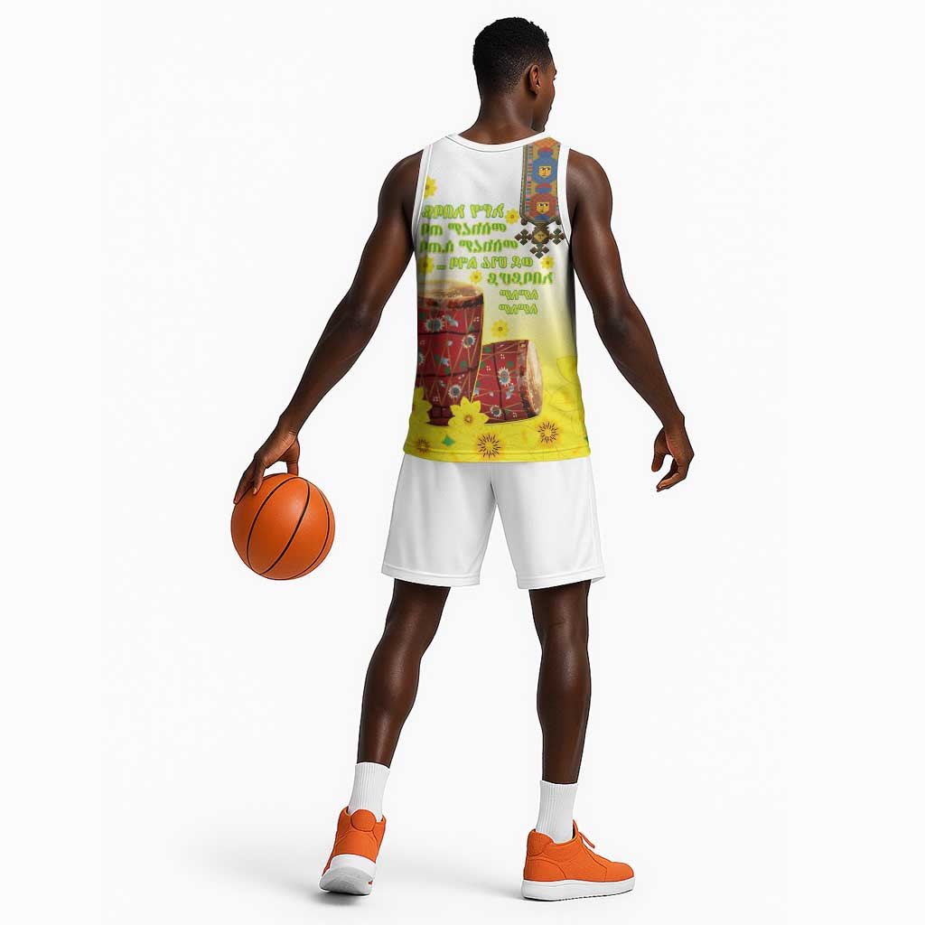Melkam Enkutatash Ethiopian Basketball Jersey Kebero Drum With Adey Abeba Flower - African Pride