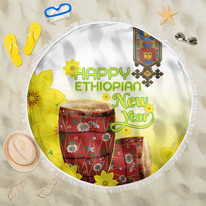 Melkam Enkutatash Ethiopian Beach Blanket Kebero Drum With Adey Abeba Flower - African Pride