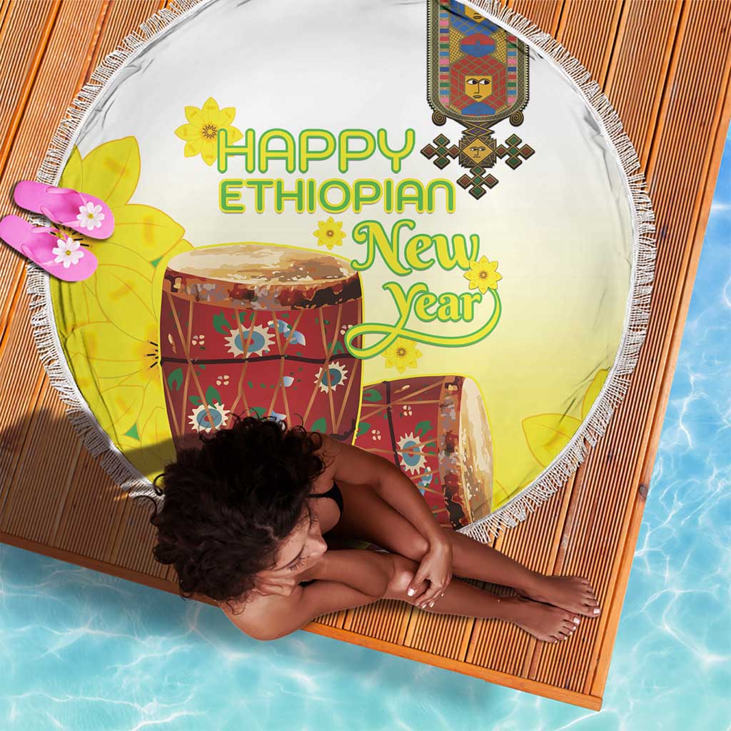 Melkam Enkutatash Ethiopian Beach Blanket Kebero Drum With Adey Abeba Flower - African Pride