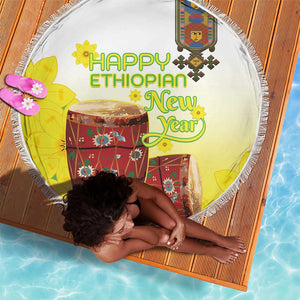 Melkam Enkutatash Ethiopian Beach Blanket Kebero Drum With Adey Abeba Flower - African Pride