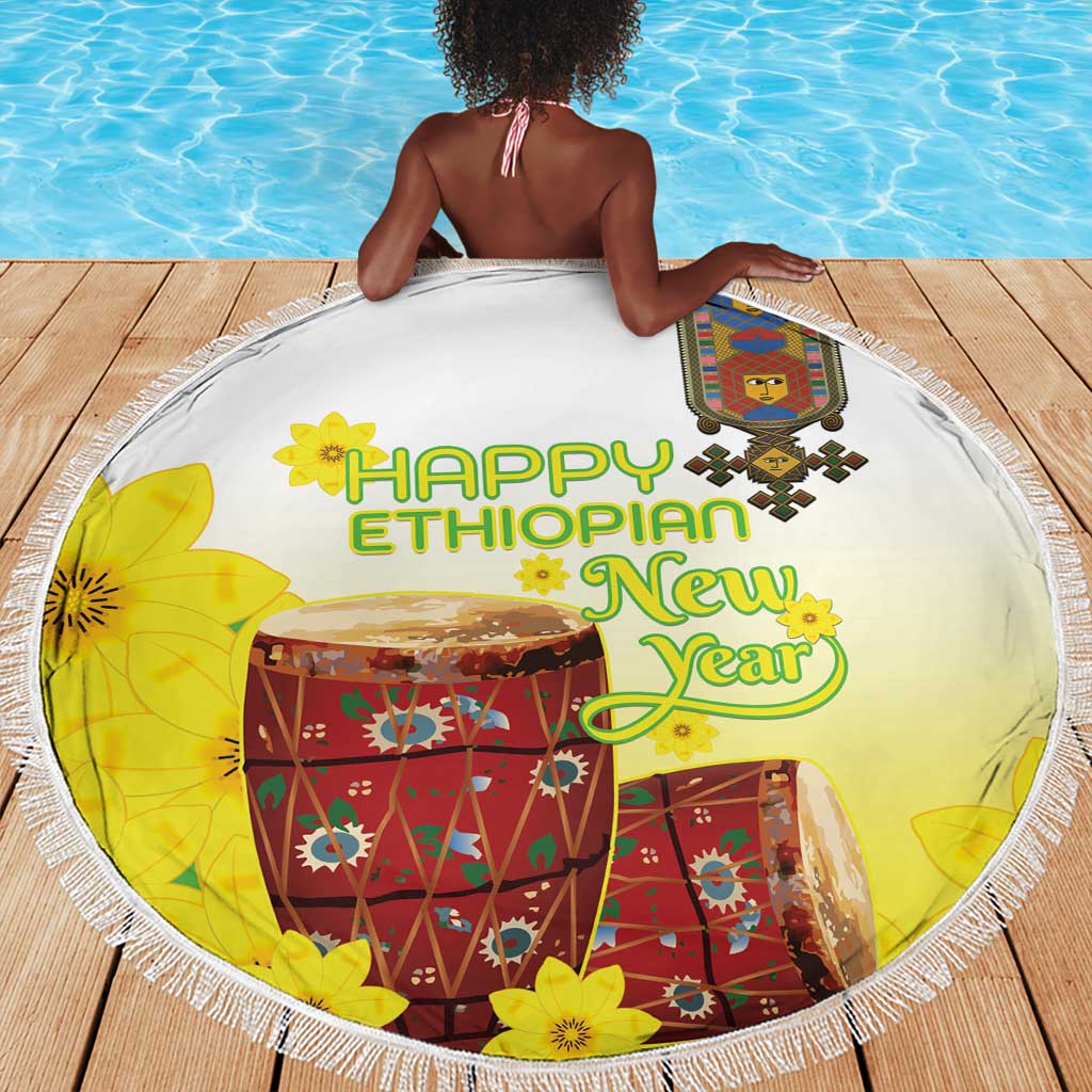 Melkam Enkutatash Ethiopian Beach Blanket Kebero Drum With Adey Abeba Flower - African Pride