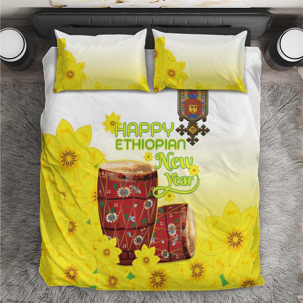 Melkam Enkutatash Ethiopian Bedding Set Kebero Drum With Adey Abeba Flower - African Pride