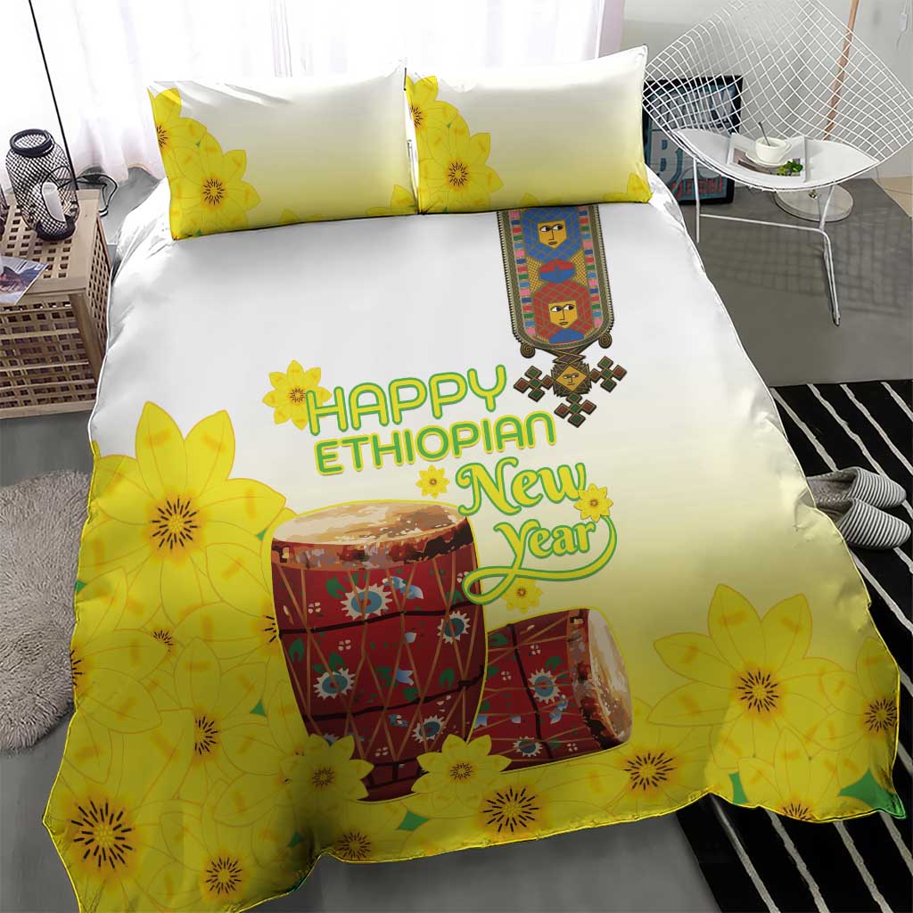 Melkam Enkutatash Ethiopian Bedding Set Kebero Drum With Adey Abeba Flower - African Pride