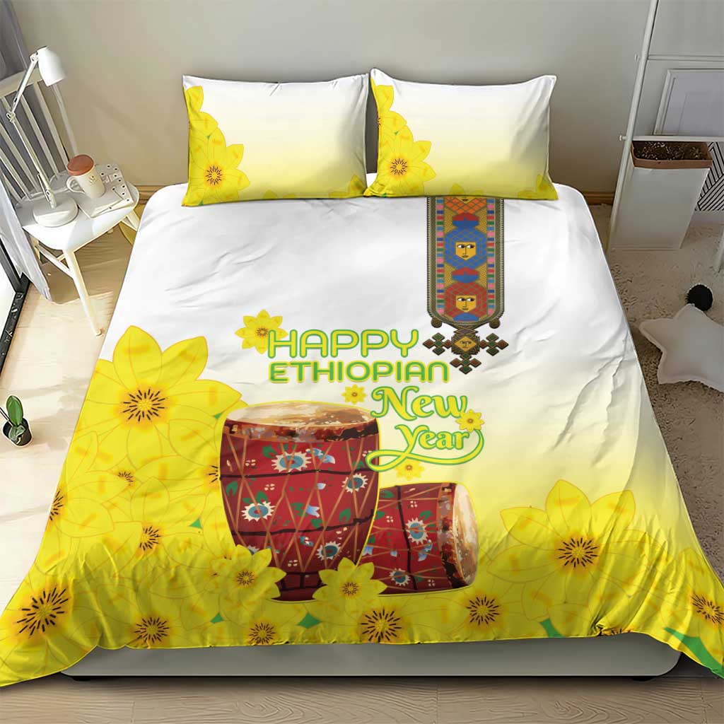 Melkam Enkutatash Ethiopian Bedding Set Kebero Drum With Adey Abeba Flower - African Pride
