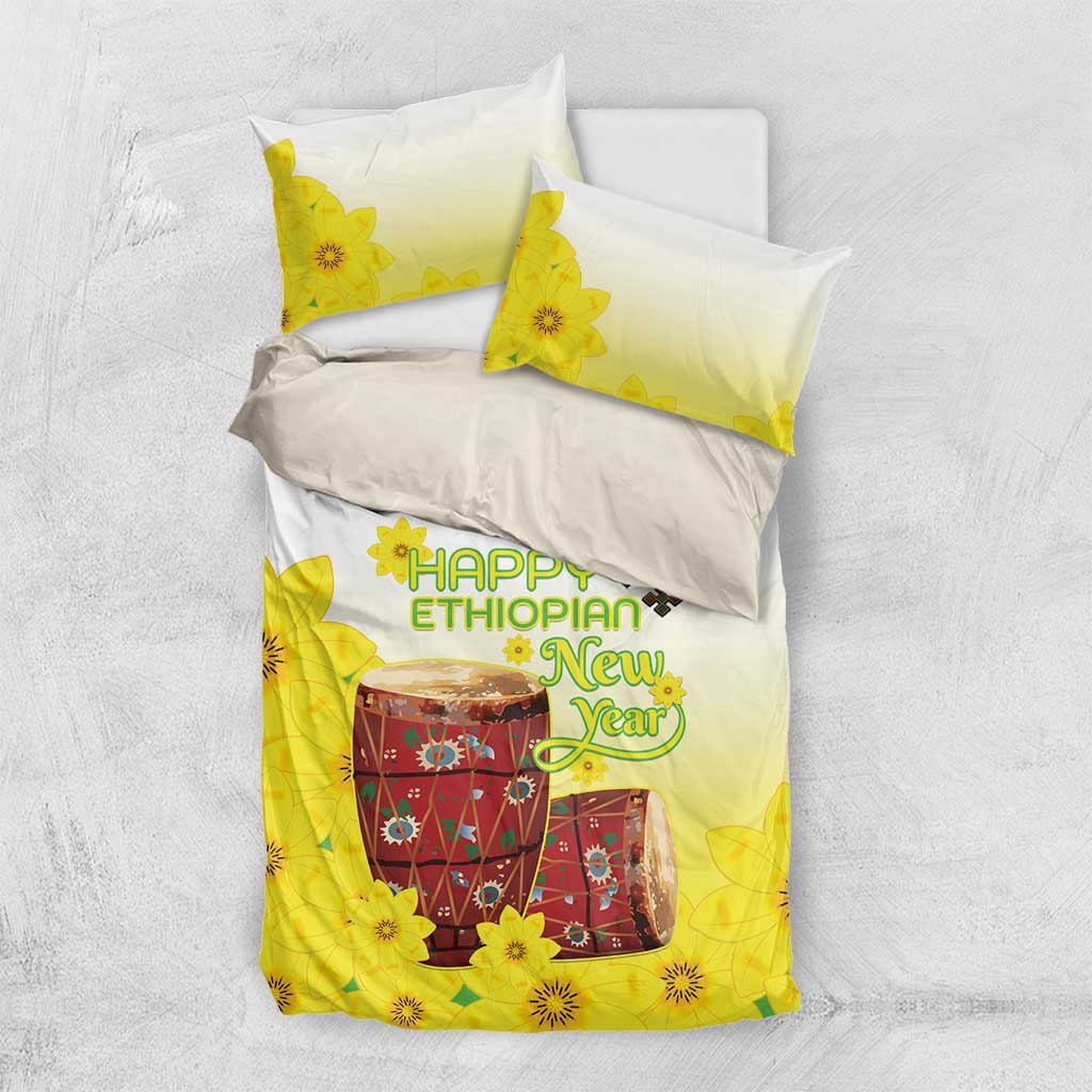 Melkam Enkutatash Ethiopian Bedding Set Kebero Drum With Adey Abeba Flower - African Pride