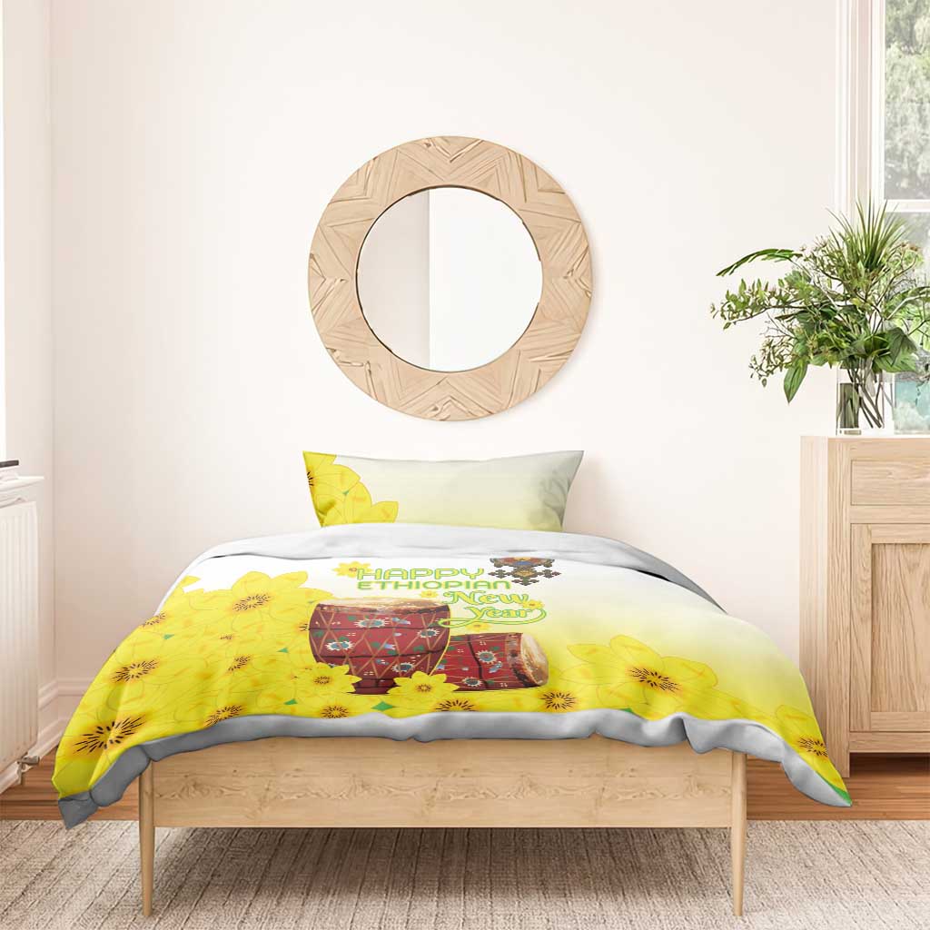 Melkam Enkutatash Ethiopian Bedding Set Kebero Drum With Adey Abeba Flower - African Pride