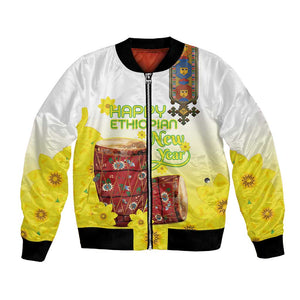 Melkam Enkutatash Ethiopian Bomber Jacket Kebero Drum With Adey Abeba Flower - African Pride