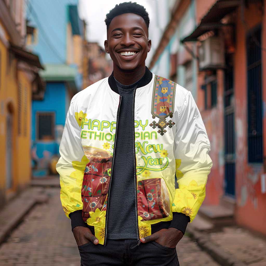 Melkam Enkutatash Ethiopian Bomber Jacket Kebero Drum With Adey Abeba Flower - African Pride