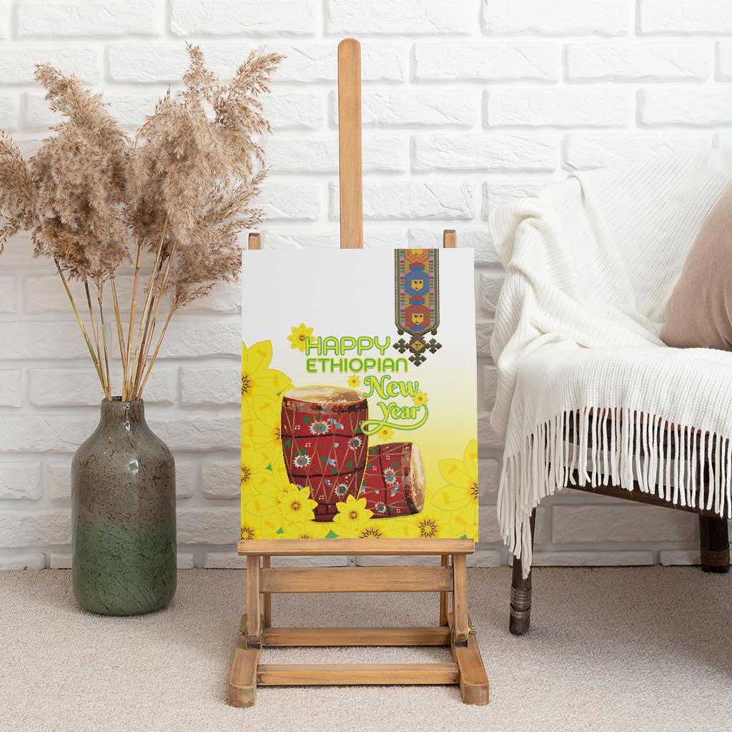 Melkam Enkutatash Ethiopian Canvas Wall Art Kebero Drum With Adey Abeba Flower - African Pride