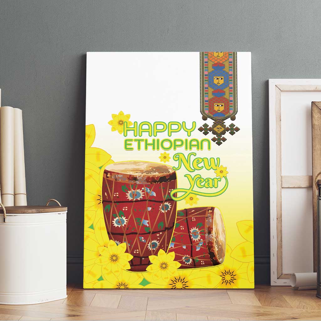 Melkam Enkutatash Ethiopian Canvas Wall Art Kebero Drum With Adey Abeba Flower - African Pride