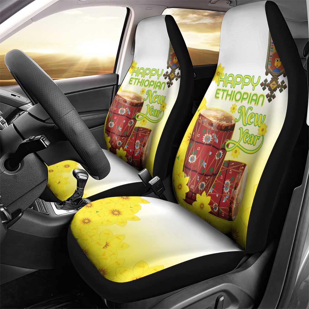 Melkam Enkutatash Ethiopian Car Seat Cover Kebero Drum With Adey Abeba Flower - African Pride
