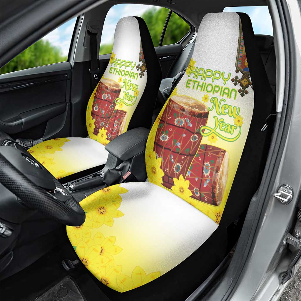 Melkam Enkutatash Ethiopian Car Seat Cover Kebero Drum With Adey Abeba Flower - African Pride