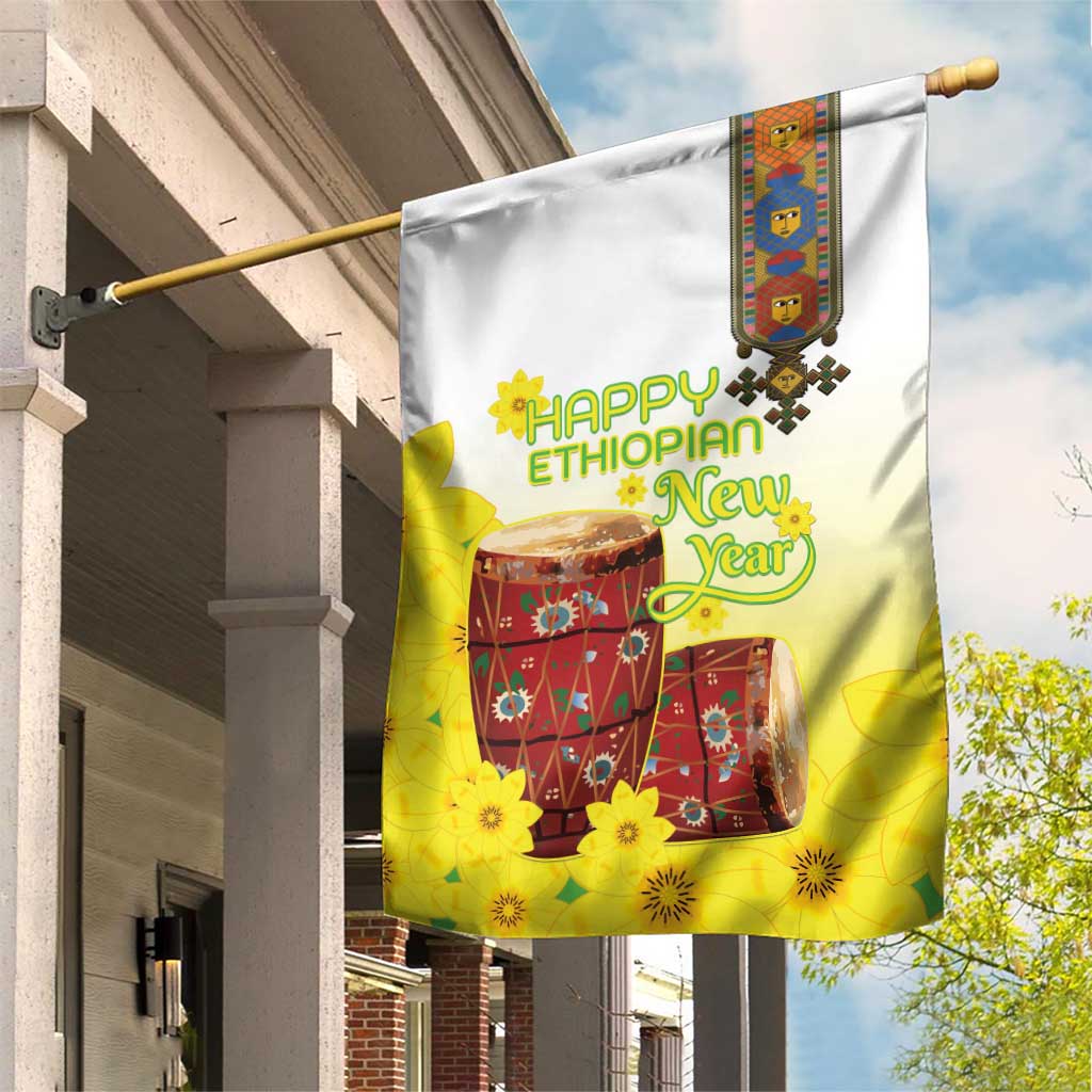 Melkam Enkutatash Ethiopian Garden Flag Kebero Drum With Adey Abeba Flower - African Pride