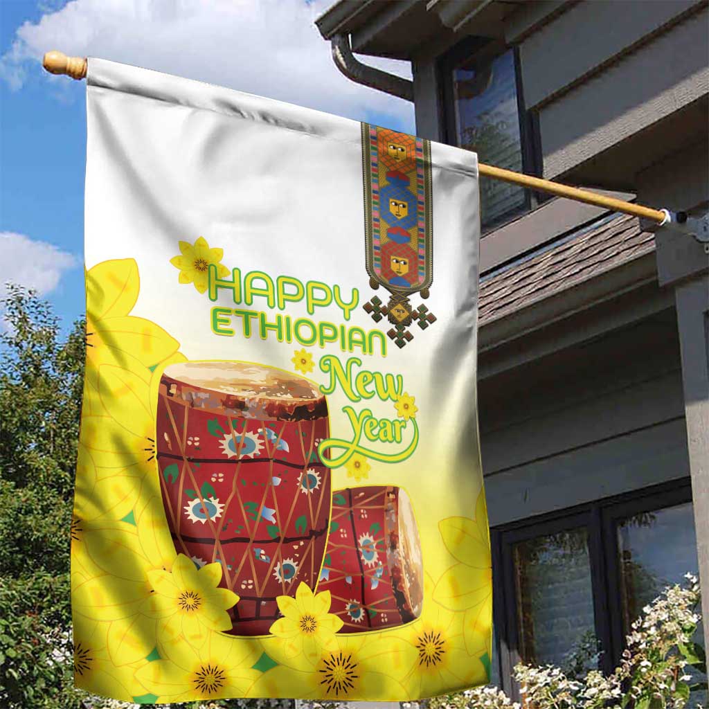 Melkam Enkutatash Ethiopian Garden Flag Kebero Drum With Adey Abeba Flower - African Pride