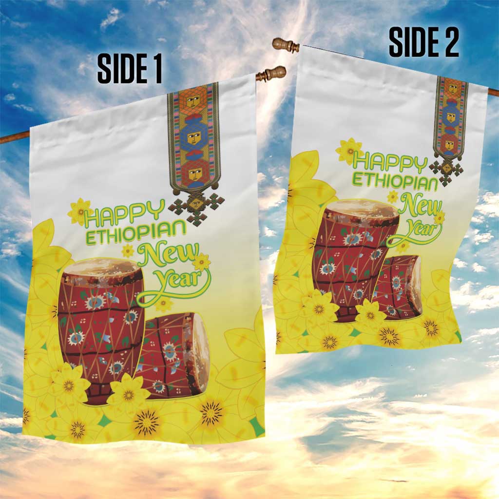 Melkam Enkutatash Ethiopian Garden Flag Kebero Drum With Adey Abeba Flower - African Pride