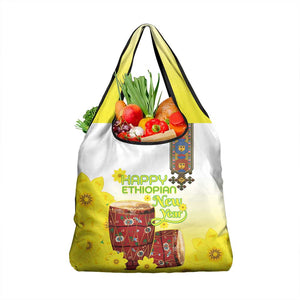 Melkam Enkutatash Ethiopian Grocery Bag Kebero Drum With Adey Abeba Flower - African Pride