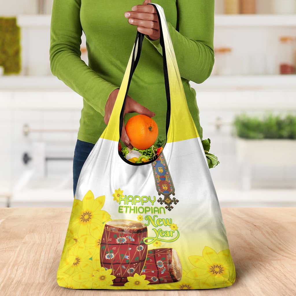 Melkam Enkutatash Ethiopian Grocery Bag Kebero Drum With Adey Abeba Flower - African Pride