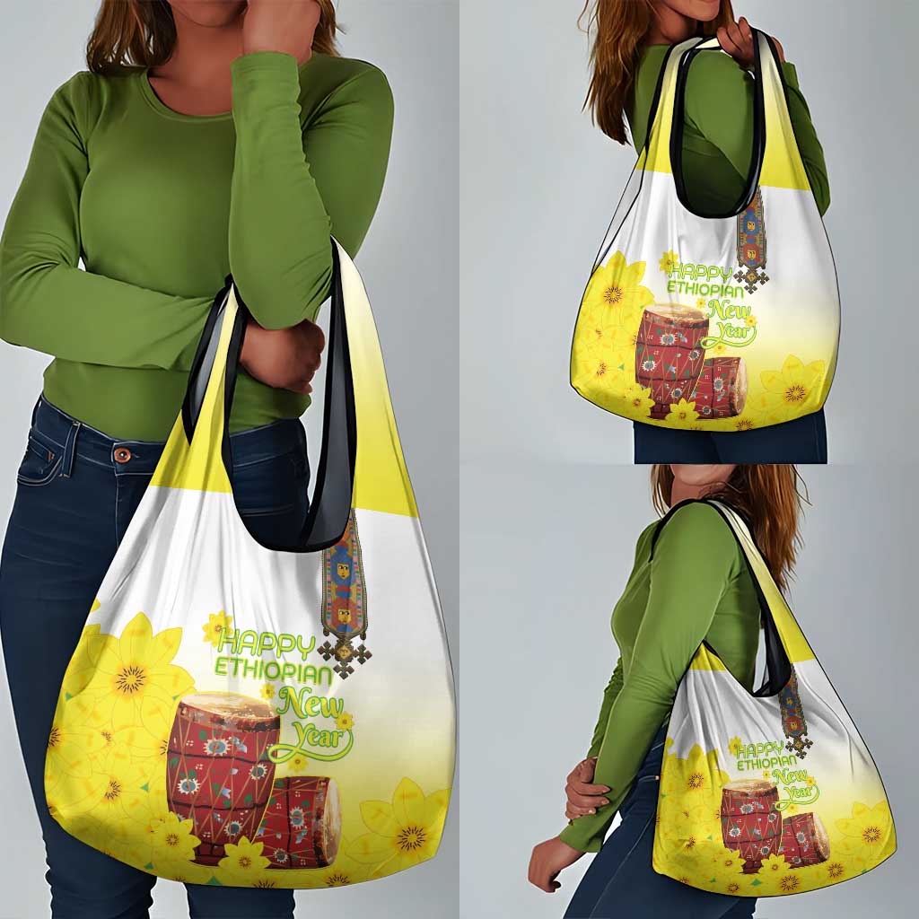 Melkam Enkutatash Ethiopian Grocery Bag Kebero Drum With Adey Abeba Flower - African Pride