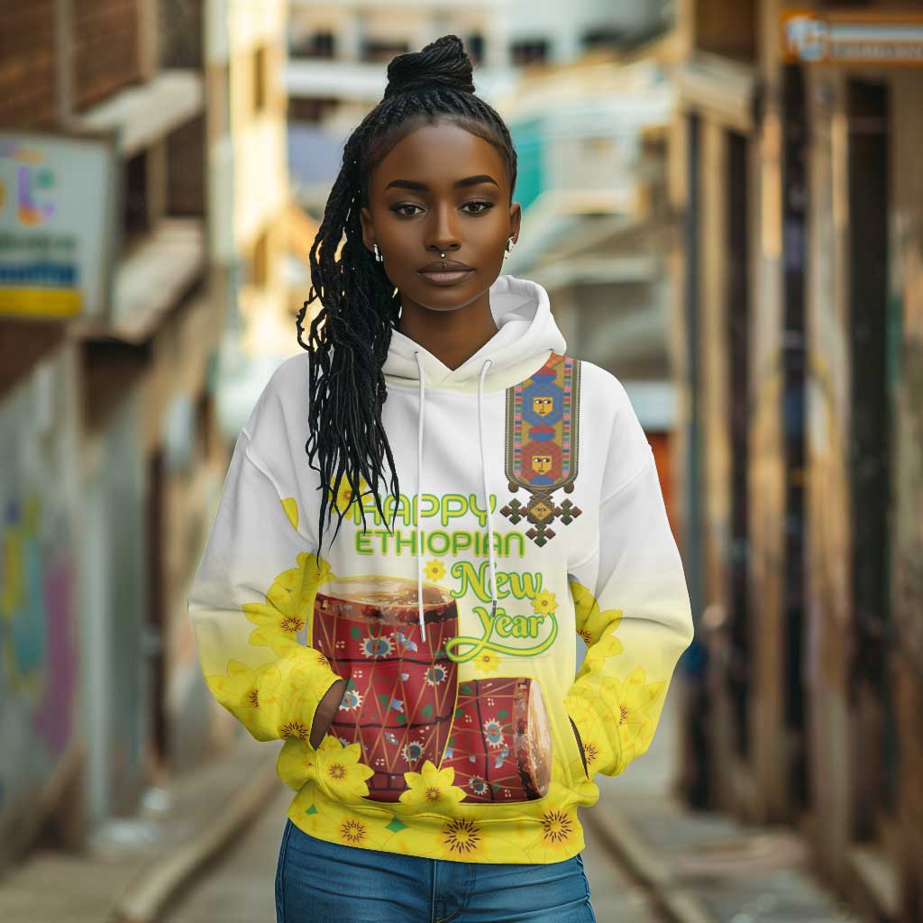 Melkam Enkutatash Ethiopian Hoodie Kebero Drum With Adey Abeba Flower - African Pride