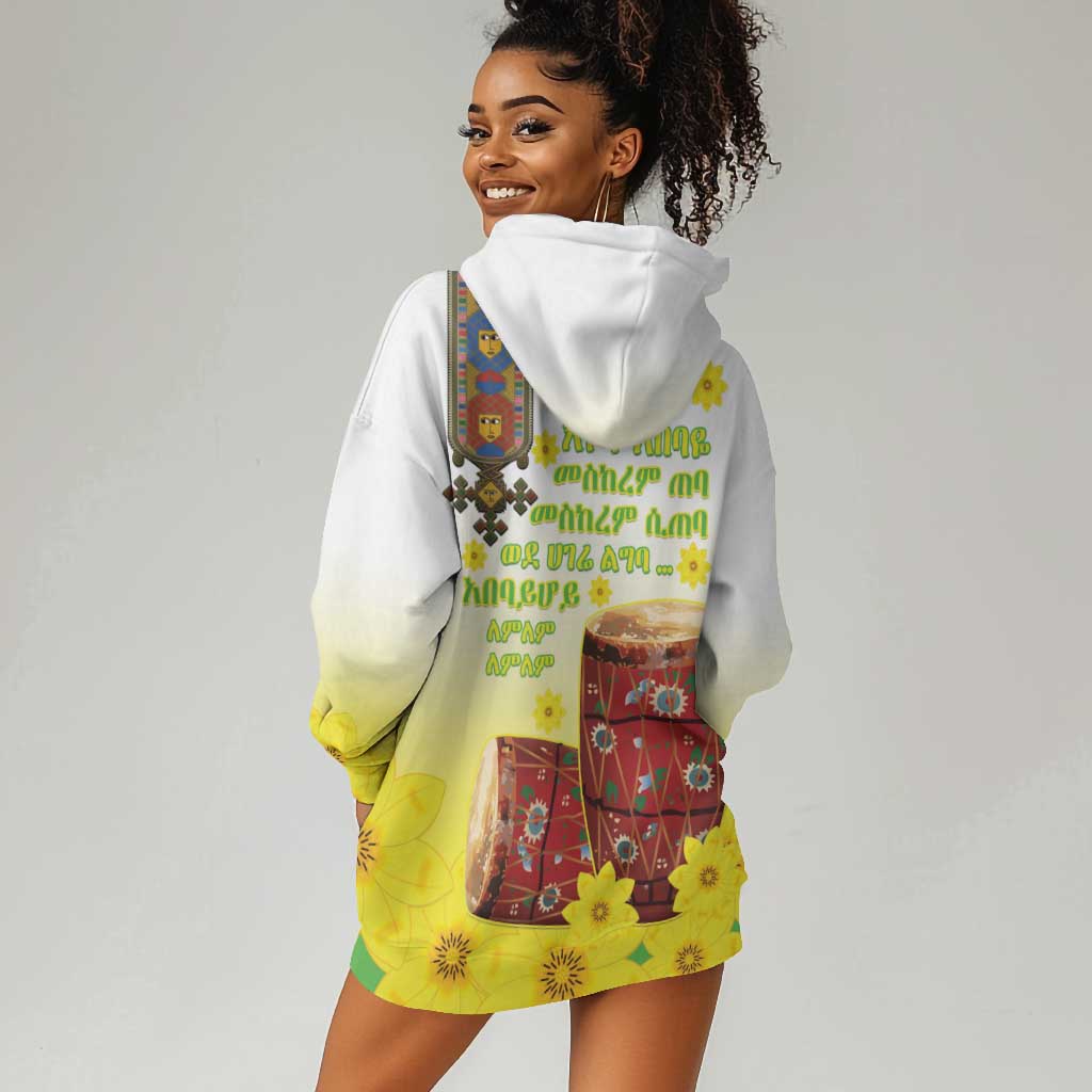 Melkam Enkutatash Ethiopian Hoodie Dress Kebero Drum With Adey Abeba Flower - African Pride