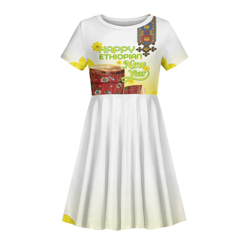 Melkam Enkutatash Ethiopian Kid Short Sleeve Dress Kebero Drum With Adey Abeba Flower - African Pride