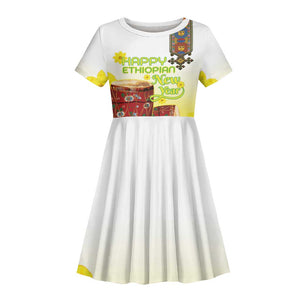 Melkam Enkutatash Ethiopian Kid Short Sleeve Dress Kebero Drum With Adey Abeba Flower - African Pride