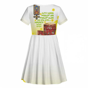 Melkam Enkutatash Ethiopian Kid Short Sleeve Dress Kebero Drum With Adey Abeba Flower - African Pride