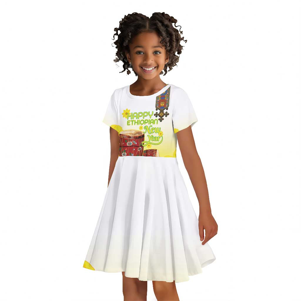 Melkam Enkutatash Ethiopian Kid Short Sleeve Dress Kebero Drum With Adey Abeba Flower - African Pride