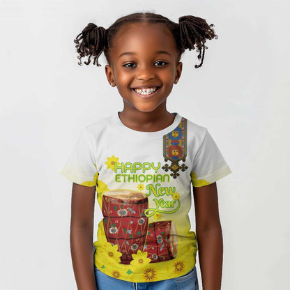 Melkam Enkutatash Ethiopian Kid T shirt Kebero Drum With Adey Abeba Flower - African Pride