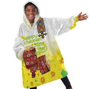 Melkam Enkutatash Ethiopian Kid Wearable Blanket Hoodie Kebero Drum With Adey Abeba Flower - African Pride