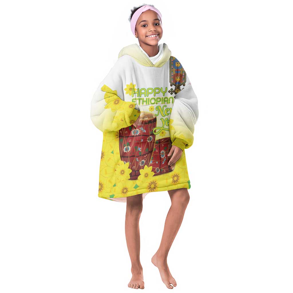 Melkam Enkutatash Ethiopian Kid Wearable Blanket Hoodie Kebero Drum With Adey Abeba Flower - African Pride