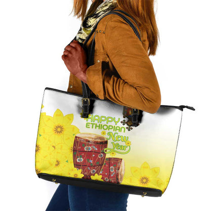 Melkam Enkutatash Ethiopian Leather Tote Bag Kebero Drum With Adey Abeba Flower - African Pride