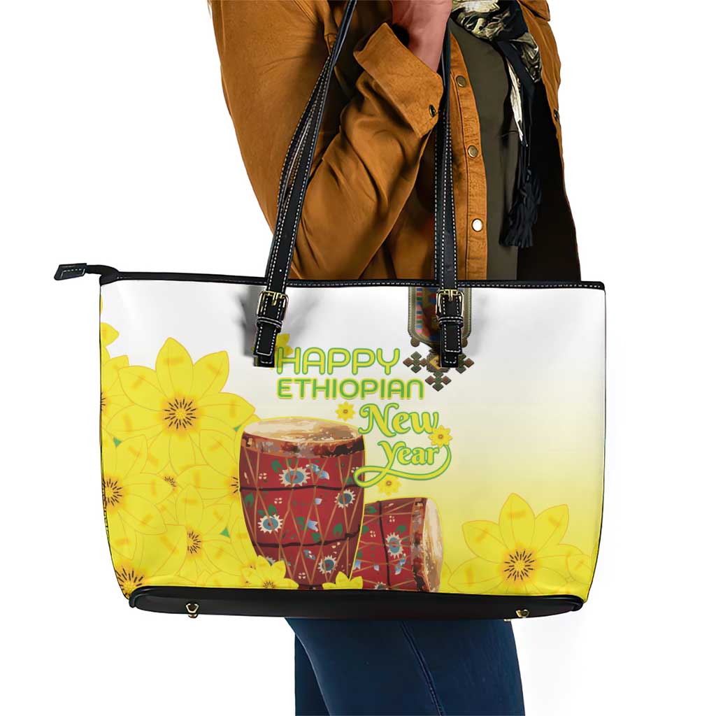 Melkam Enkutatash Ethiopian Leather Tote Bag Kebero Drum With Adey Abeba Flower - African Pride