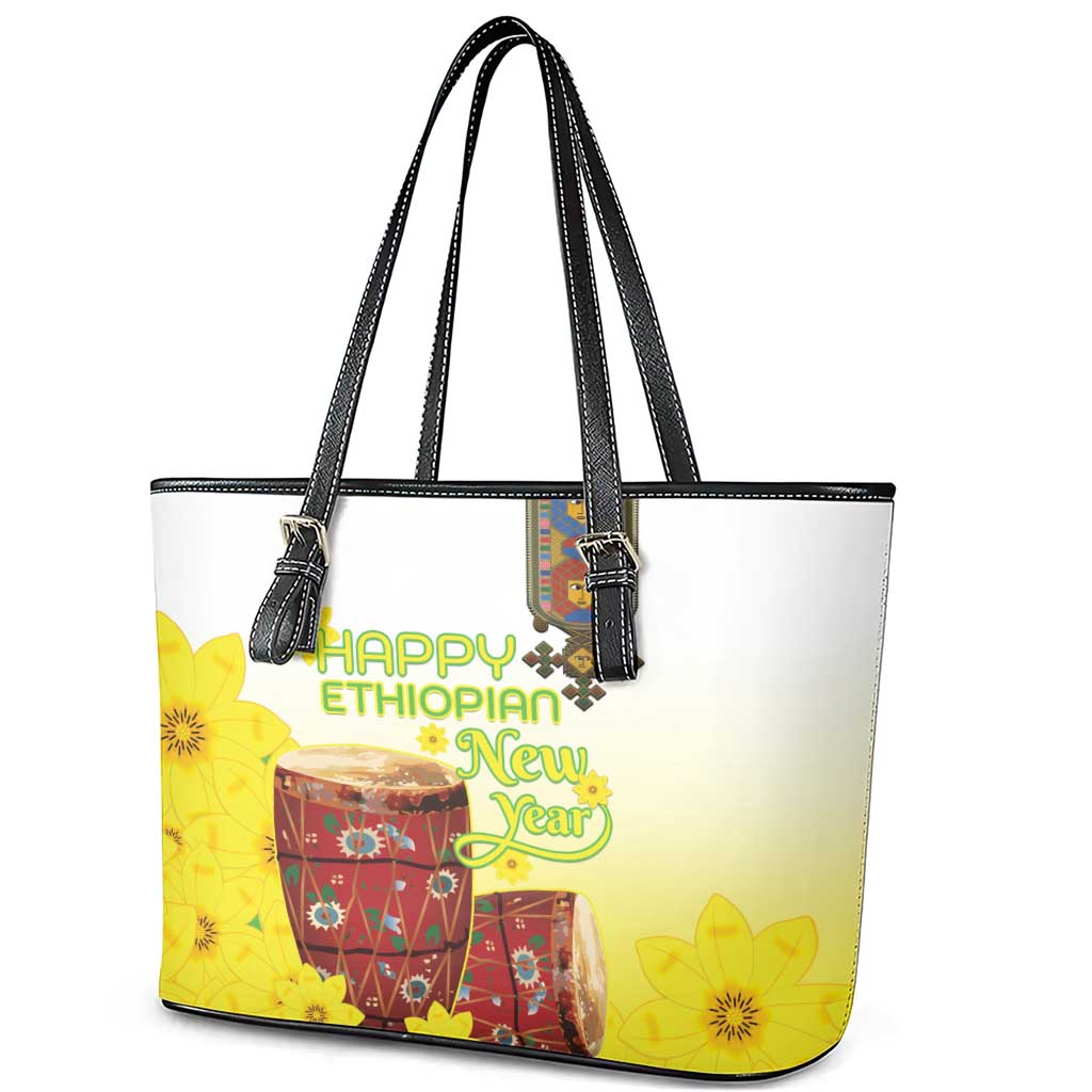 Melkam Enkutatash Ethiopian Leather Tote Bag Kebero Drum With Adey Abeba Flower - African Pride