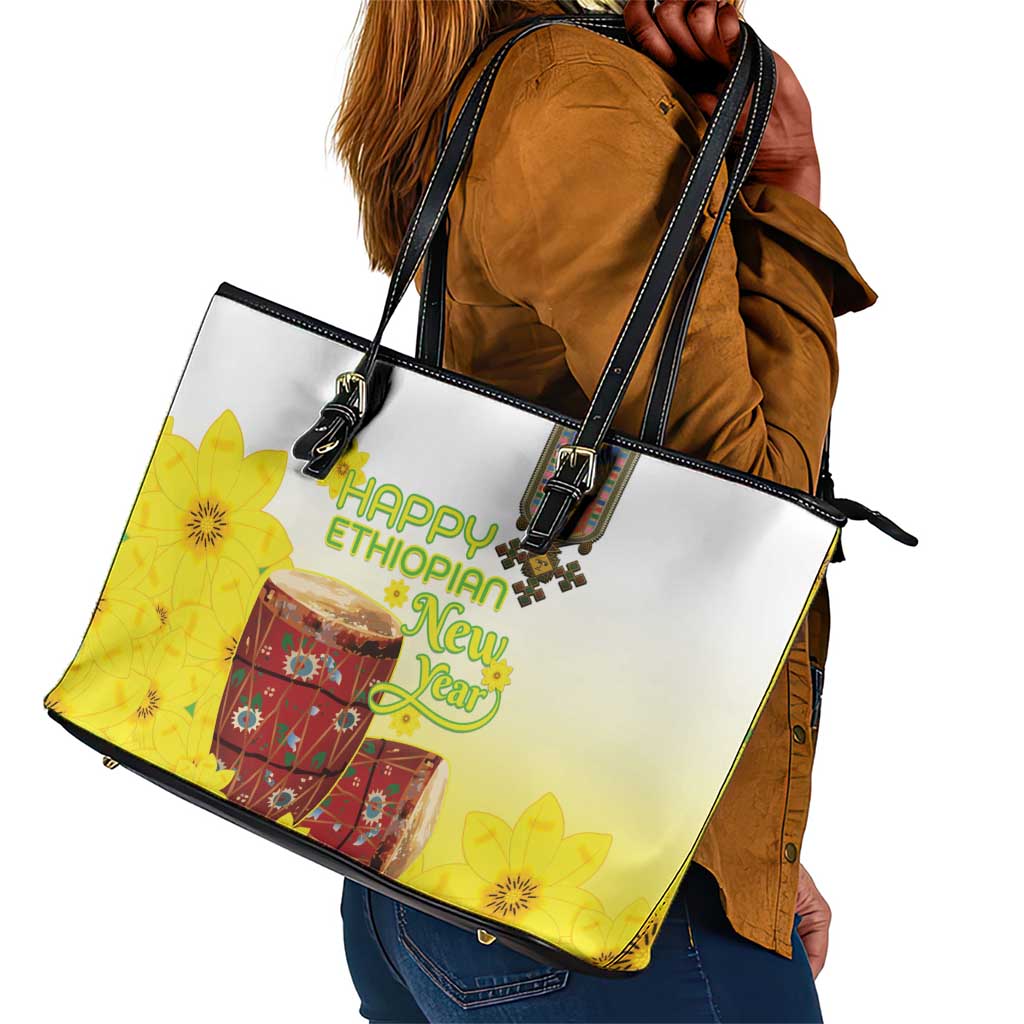 Melkam Enkutatash Ethiopian Leather Tote Bag Kebero Drum With Adey Abeba Flower - African Pride