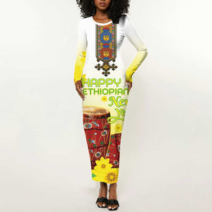 Melkam Enkutatash Ethiopian Long Sleeve Bodycon Dress Kebero Drum With Adey Abeba Flower - African Pride